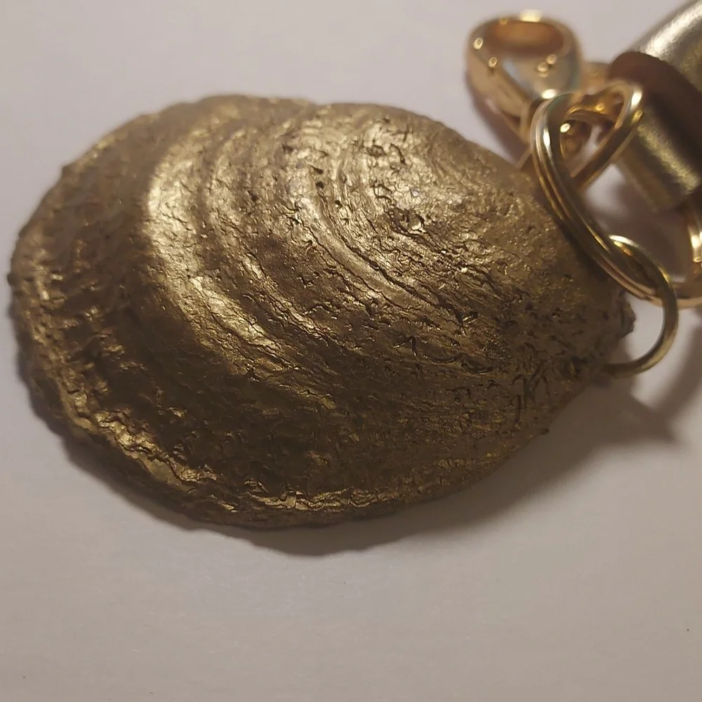 Oyster Shell Keychain Purse Charm With Leather Tassel Gold and White Coastal